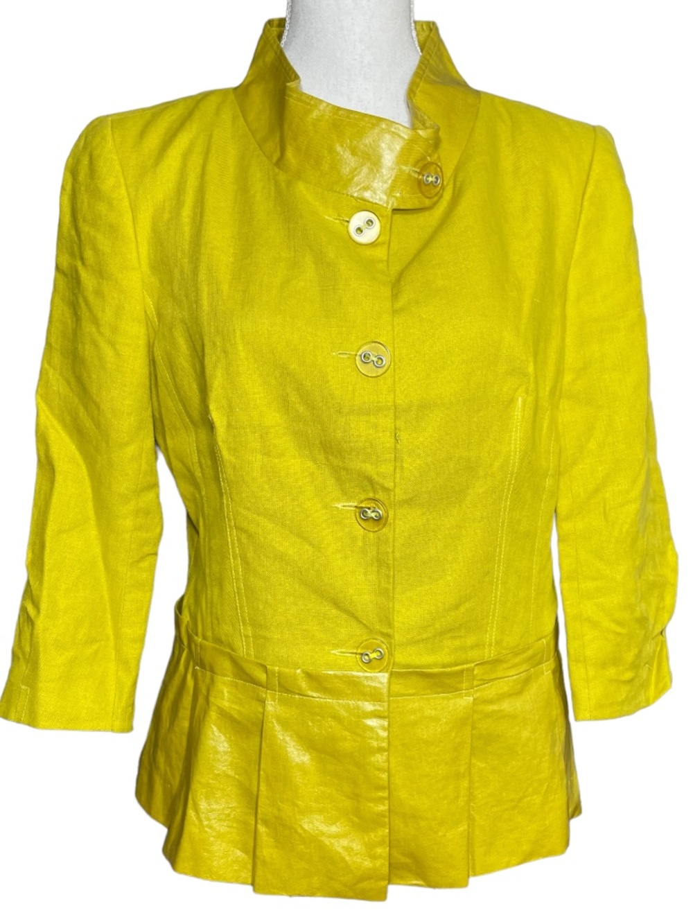 Earl Rutenberg Linen Jacket 8 Mustard Yellow Waxed Pleated High Collar Peplum